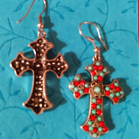 Southwestern-Spanish Style faux- Turquoise/Red coral Cross Earrings - Picture 2 of 3